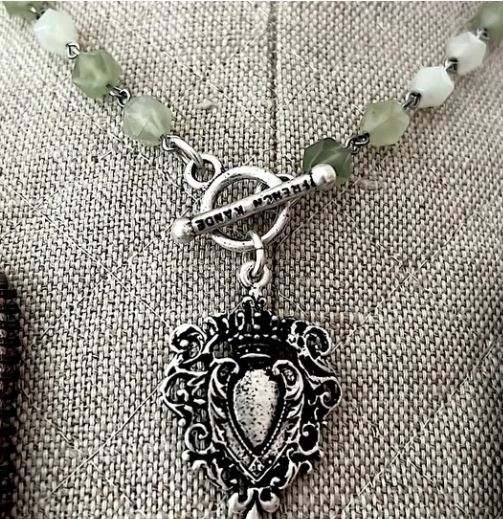 French Kande Light Green Stone Necklace with Silver Immaculate Heart